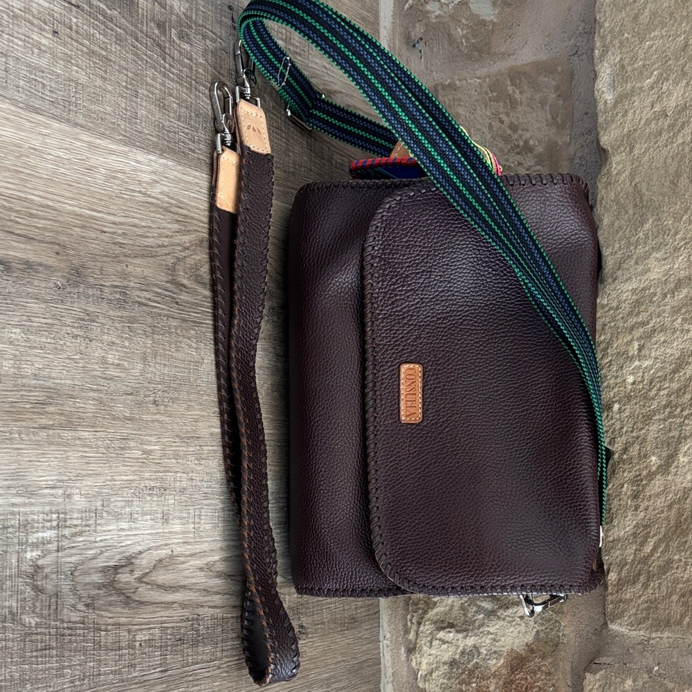Consuela Dark Brown Leather Belt Bag with Green Striped Strap